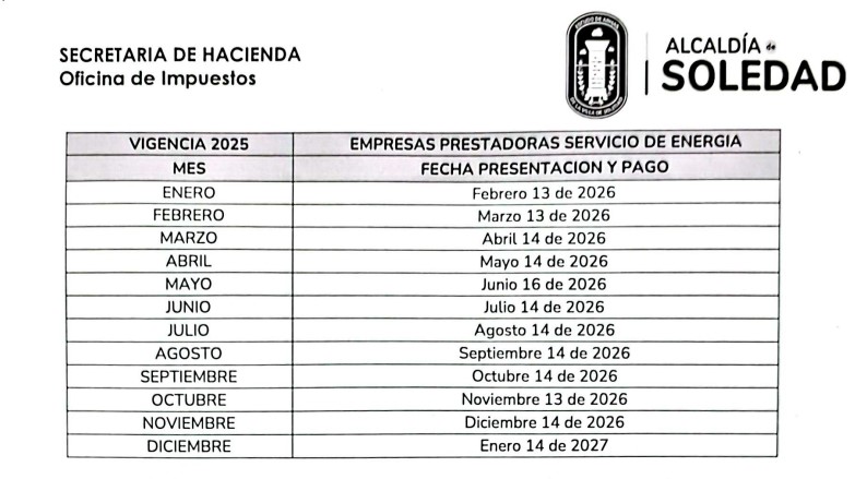 ALUMBRADO PUBLICO FECHAS DE PAGO SOLEDAD 2026