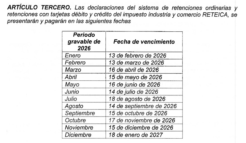 fechas reteica mosquera 2026